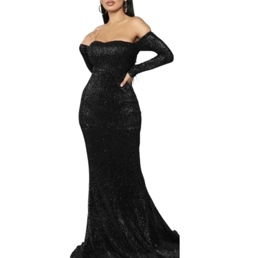 Fashion Nova Got Class Sequin Gown Black Maxi Size L